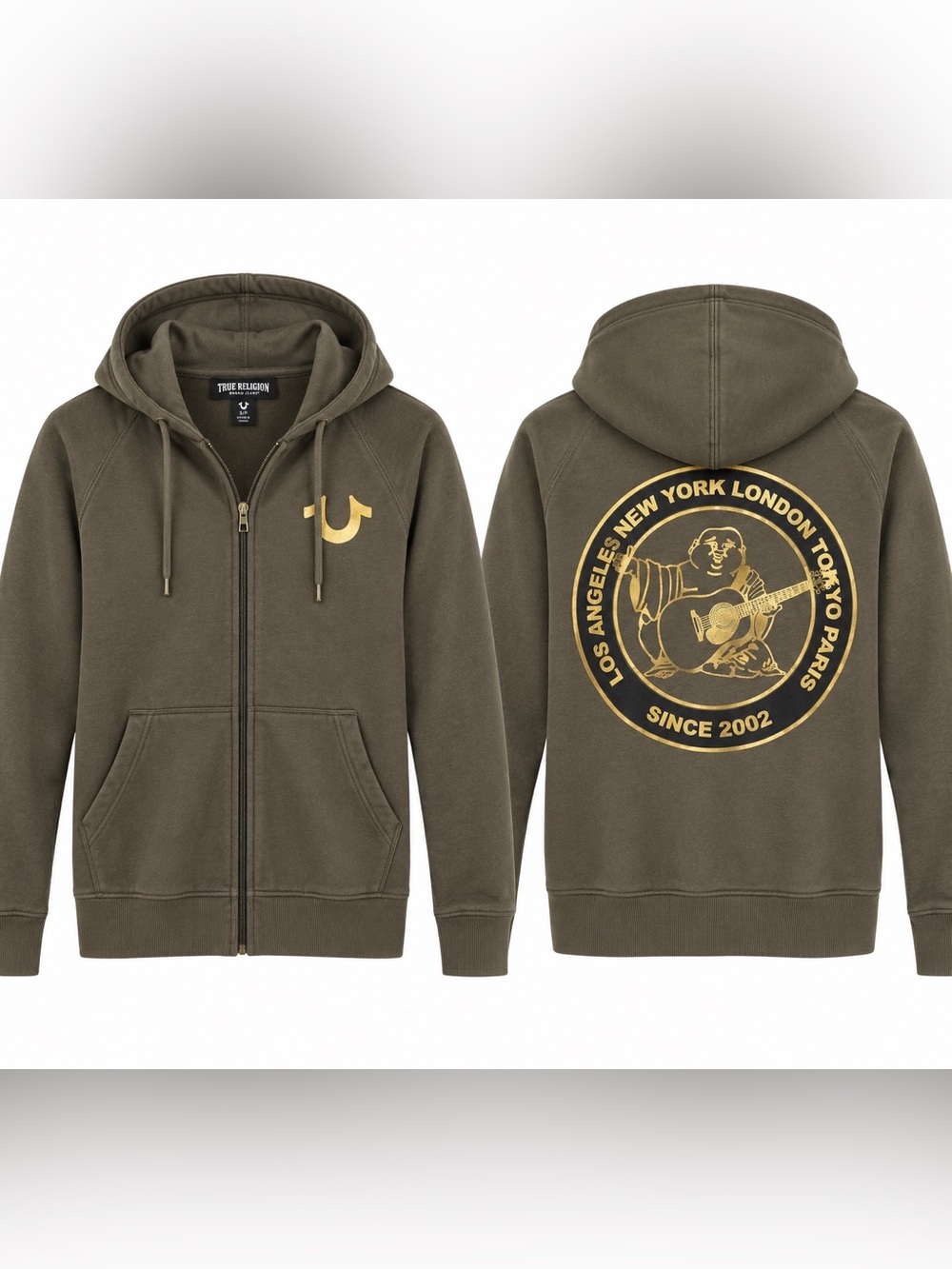 True Religion Men’s Small Brown Zip Hoodie Buddha Logo Graphic Full Zip